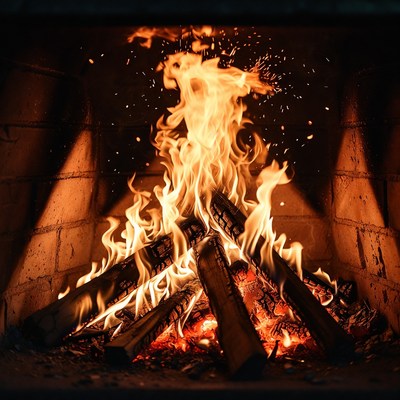 Blazing Fire in Stone Fireplace
