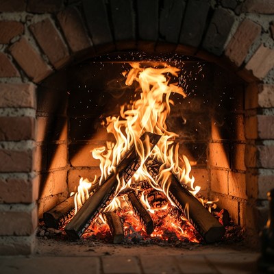 Blazing Fire in Brick Fireplace