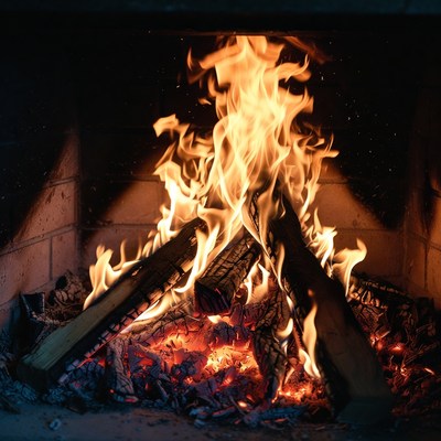 Blazing Fire in Stone Fireplace