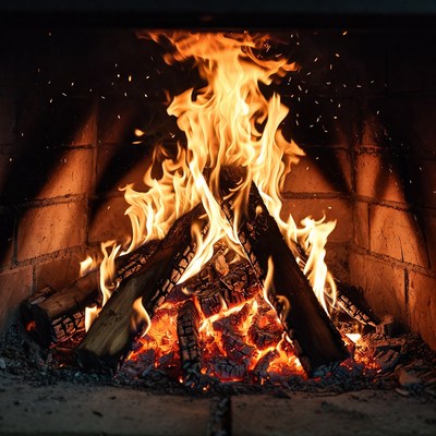 Burning Fire in Brick Fireplace