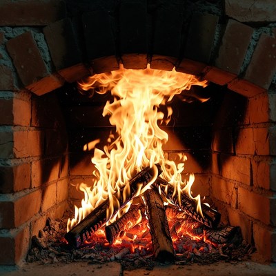 Blazing Fire in Brick Fireplace