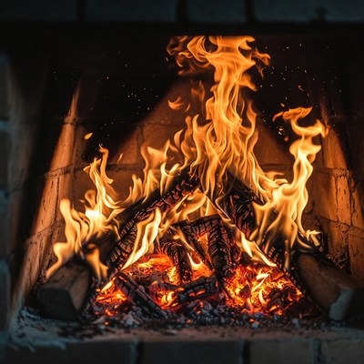 Blazing Fire in Brick Fireplace