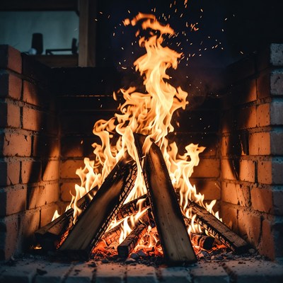 Blazing Fire in Brick Fireplace