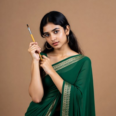 Indian woman holding paintbrush in green saree