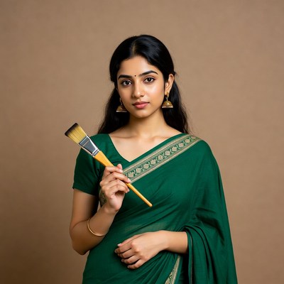 Indian woman holding paintbrush in green saree