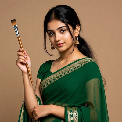 Indian woman holding paintbrush in green saree