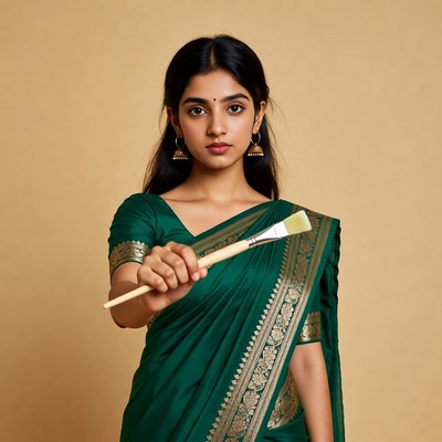 Indian woman holding paintbrush in green saree