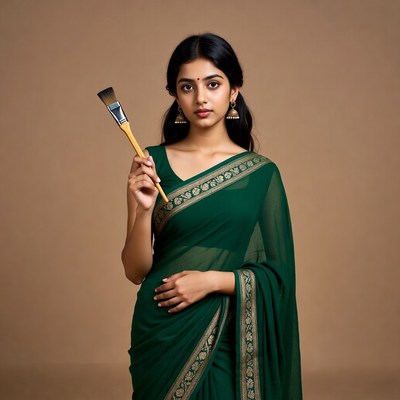 Indian woman holding paintbrush in green saree