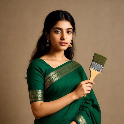 Indian woman holding paintbrush in green saree
