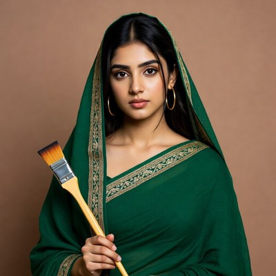 Indian woman holding paintbrush in green saree