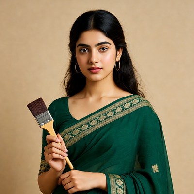 Indian woman holding paintbrush in green saree
