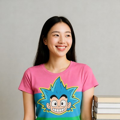 Asian woman in Dragon Ball t-shirt with books