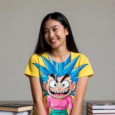 Asian woman in Dragon Ball Z t-shirt