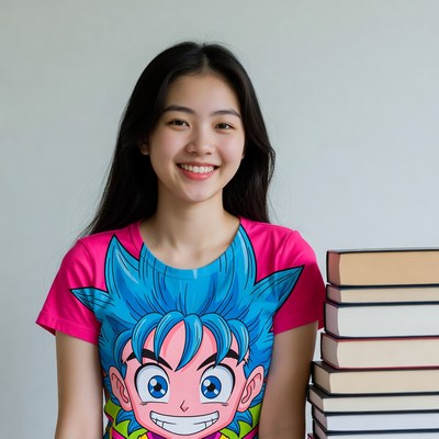 Asian woman in Dragon Ball t-shirt with books