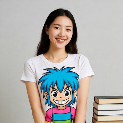 Asian woman in cartoon t-shirt with books
