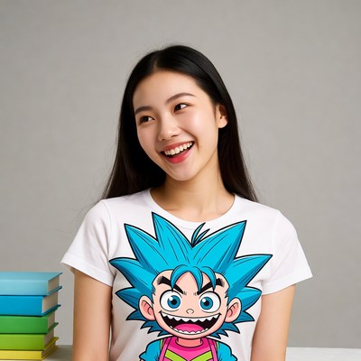 Asian woman wearing Dragon Ball Z t-shirt