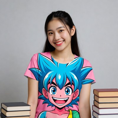 Asian girl smiling with cartoon t-shirt and books