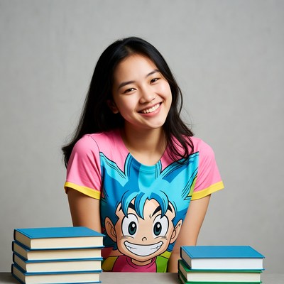Asian woman smiling with cartoon shirt and books
