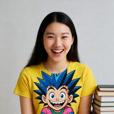 Asian girl smiling in spiky hair t-shirt