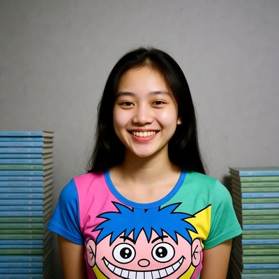 Asian girl smiling with cartoon shirt and books