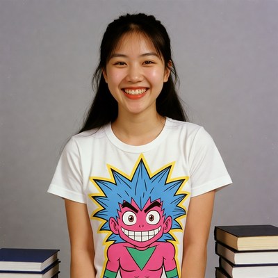 Asian girl smiling in cartoon shirt with books