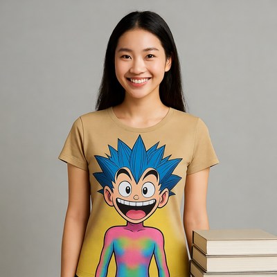 Asian woman in cartoon t-shirt holding books