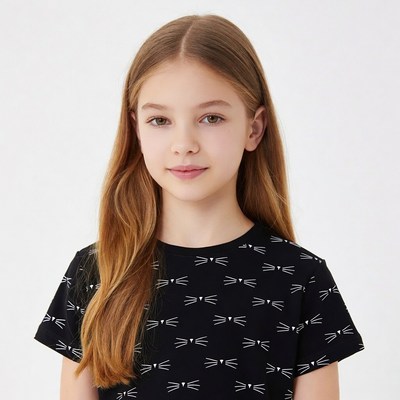 Girl in black cat print shirt