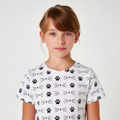 Girl wearing cat paw print t-shirt