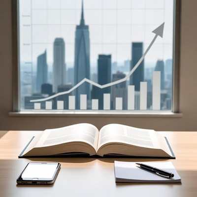 Open book with rising graph and city skyline