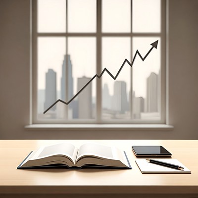 Open book on desk with city skyline