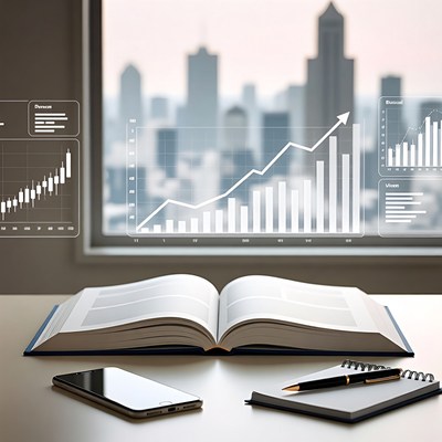 Open notebook with financial charts city skyline