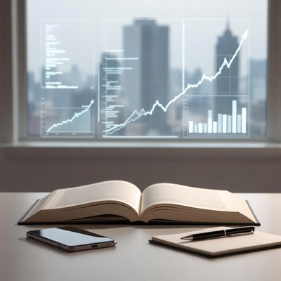 Open book with financial charts on desk