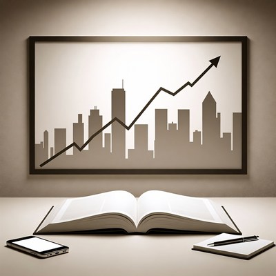 Open book with city skyline growth chart