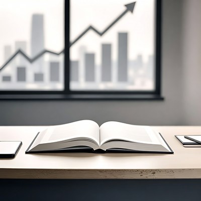 Open book on desk with rising graph window