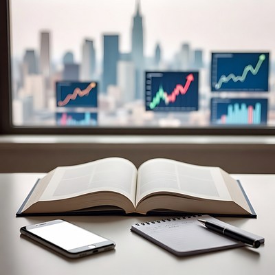 Open book with financial charts and city skyline