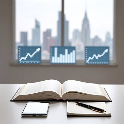 Open book with financial charts and city skyline