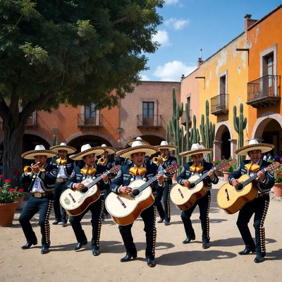 Mariachi band playing guitars outdoors