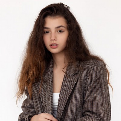 Young woman in plaid blazer