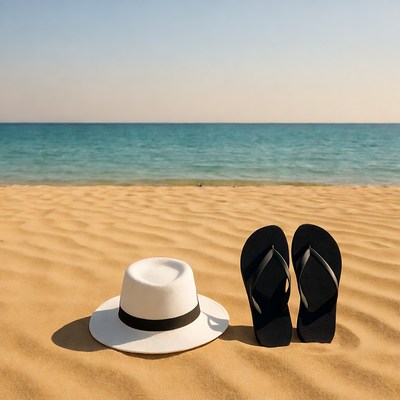 White Hat Black Flip-Flops on Beach