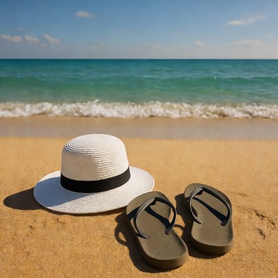 White Hat and Flip-Flops on Beach