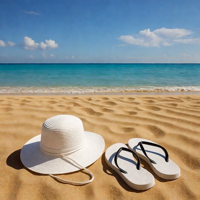 White sun hat and flip flops on beach