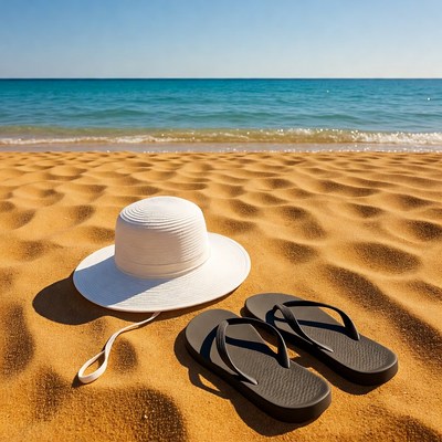 White Hat and Black Flip-Flops on Beach