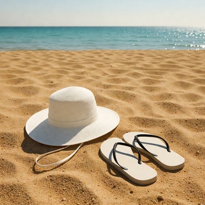 White Hat and Flip-Flops on Beach