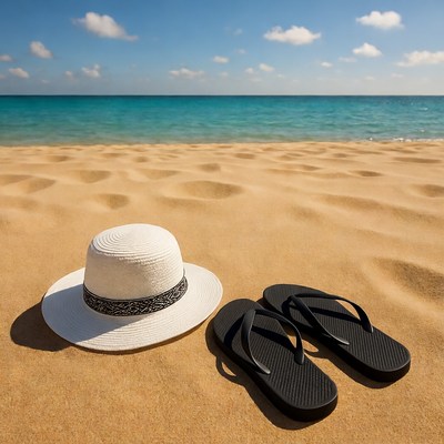 White Hat and Black Flip-Flops on Beach
