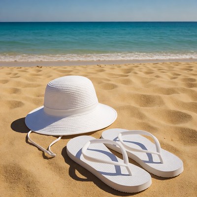White Hat and Flip-Flops on Beach Sand