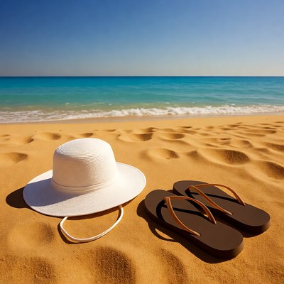 White Hat and Flip-Flops on Beach