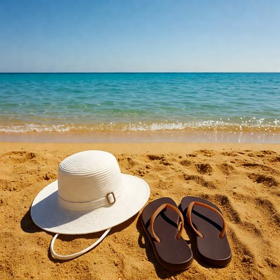 White Hat and Flip-Flops on Beach