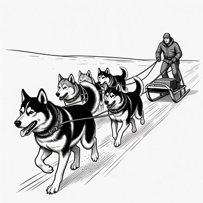 Man with Husky sled dogs team