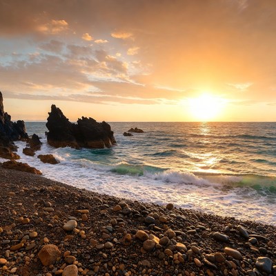 Sunset over rocky beach