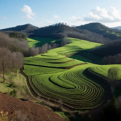 Terraced Green Rice Fields in Mountains